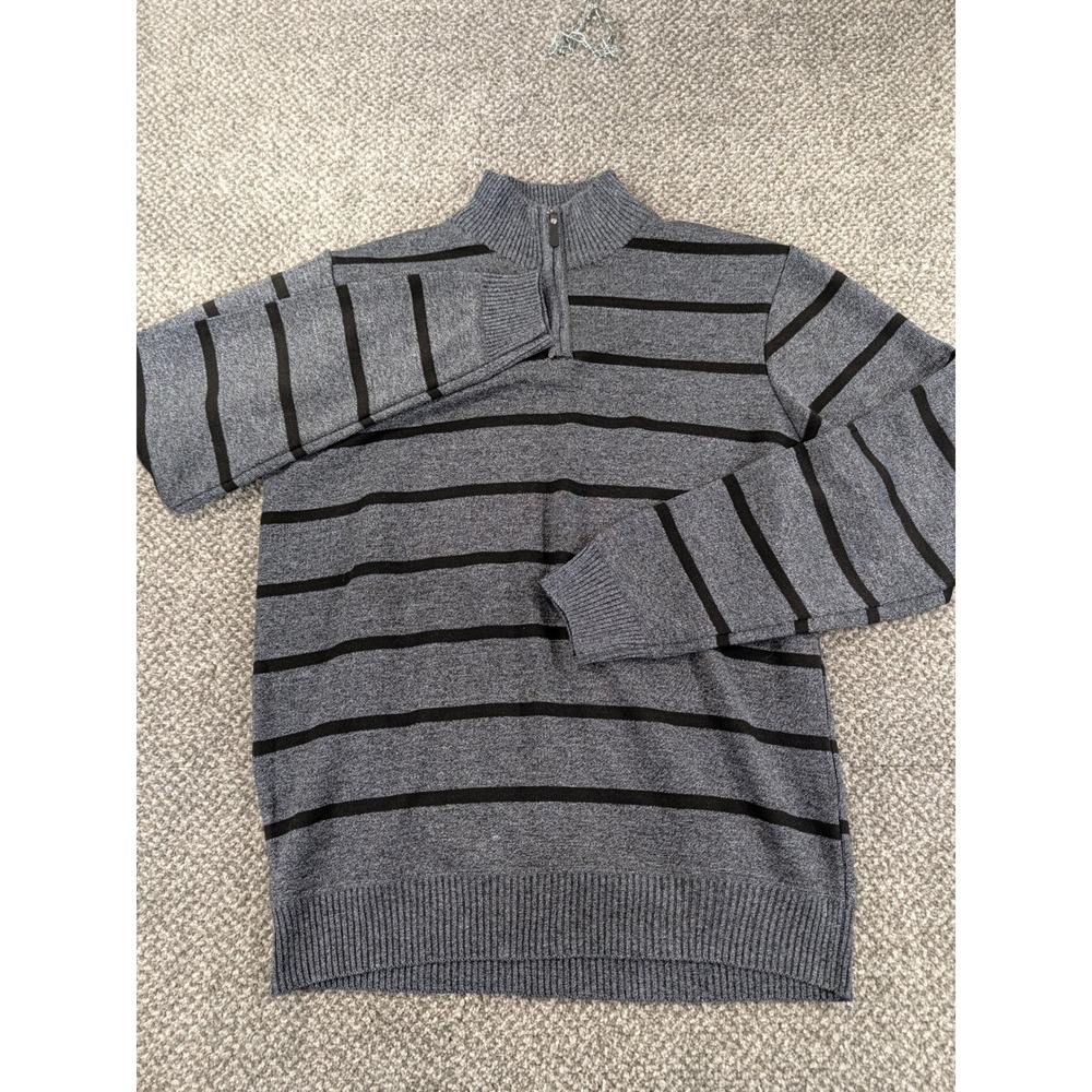True Rock Mens Large Quarter Zip Sweater Grey Black Striped Fleece Lined Warm